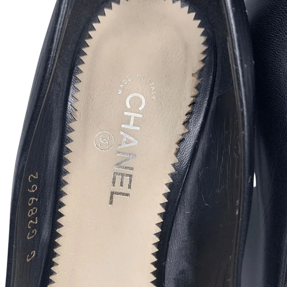 Chanel Interlocking CC Logo Black Leather Pumps EU 37 US 6-6.5 Pearl High Heels